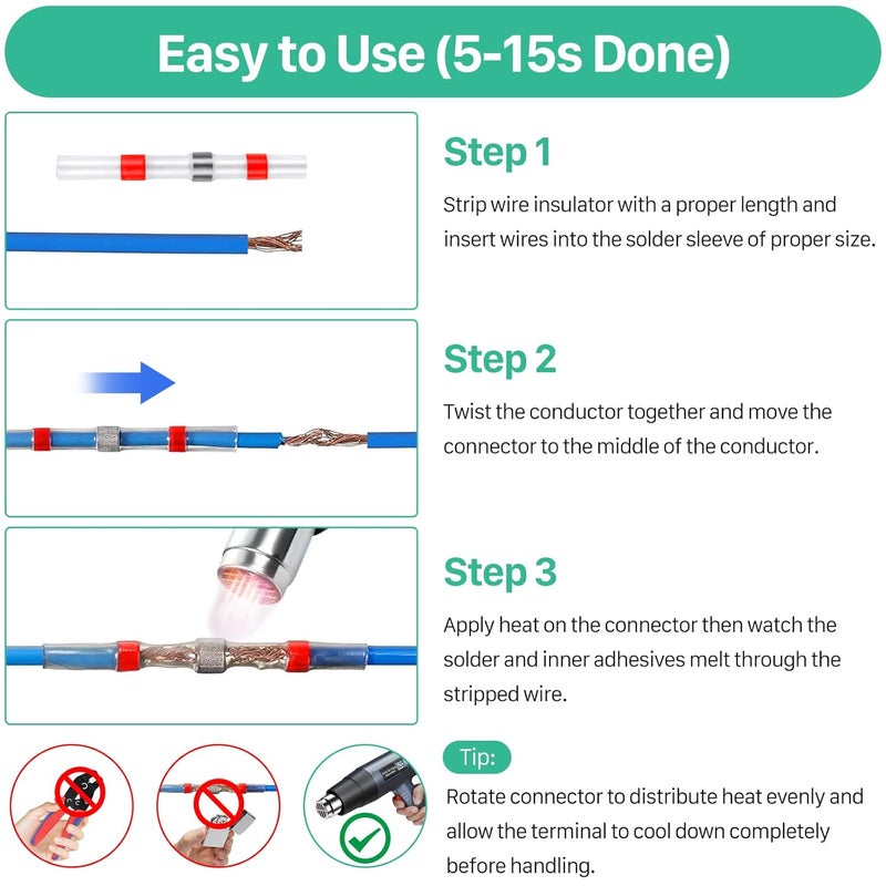 YNZDRWA 200PCS Solder Seal Wire Connectors Kit, Upgraded Heat Shrink Butt Wire Connectors, Waterproof Electrical Butt Splice Wire Terminals for Marine Automotive Trailer RV Boat Truck Wiring - Image 4